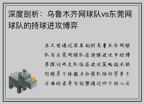 深度剖析：乌鲁木齐网球队vs东莞网球队的持球进攻博弈